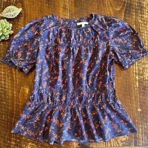 Antonio Melani | Navy, Red & Peach Floral Short Puff Sleeve Blouse